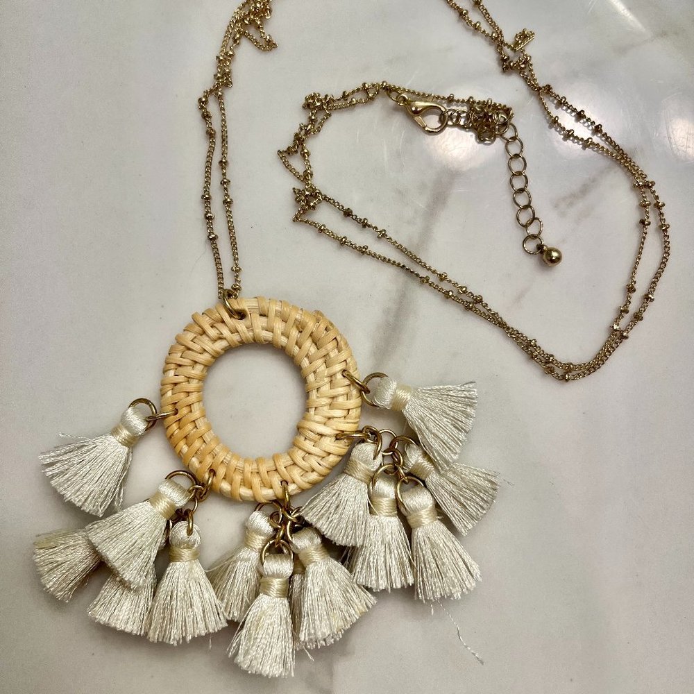 Long Gold Wicker and Tassel Necklace